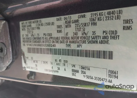 2013 Ford Escape Se из США, поврежденный, VIN 1FMCU9G98DUD50240